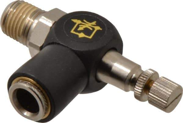 Norgren - 3/8" Tube Inlet x 1/4" NPTF Outlet Right Angle Adjustable Flow Control Valve - 5 to 150 psi, Needle Valve & Thermoplastic Material - Eagle Tool & Supply