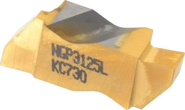 Kennametal - 3125NGP Grade KC730, 3.18mm Cutting Width Carbide Grooving Insert - 3.81mm Max Depth of Cut, Left Hand, 0.19mm Corner Radius, TiN Finish - Eagle Tool & Supply