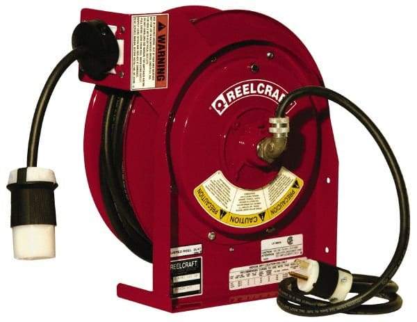 Reelcraft - 12 AWG, 45' Cable Length, Cord & Cable Reel with Outlet End - 1 Outlet, NEMA 5-20R, 20 Amps, 125 Volts, SJEOOW Cable, Red Reel - Eagle Tool & Supply