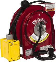 Reelcraft - 12 AWG, 45' Cable Length, Cord & Cable Reel with Duplex GFCI Outlet Box End - 2 Outlets, NEMA 5-20R, 20 Amps, 125 Volts, SJEOOW Cable, Red Reel - Eagle Tool & Supply