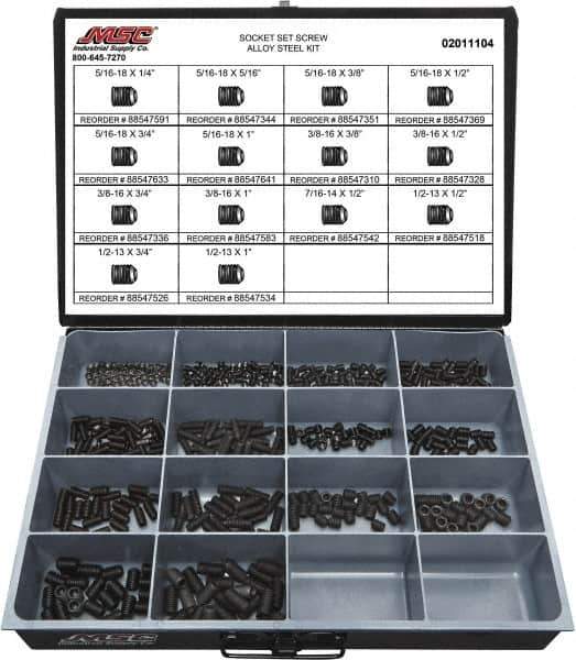 Value Collection - 500 Piece, 5/16 to 1/2, Steel Set Screw Assortment - Socket Cap Head, Hex Socket Drive, 1 to 3/4" Long - Eagle Tool & Supply
