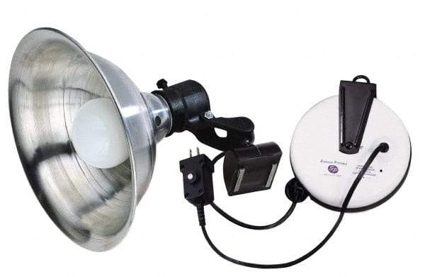 Made in USA - 18 AWG, 20' Cable Length, Cord & Cable Reel with Incandescent Hand Lamp End - 0 Outlets, 15 Amps, 110/115 Volts, SJT Cable, White/Black Reel - Eagle Tool & Supply