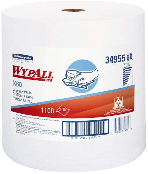 WypAll - X60 Dry Shop Towel/Industrial Wipes - Jumbo Roll, 13-3/8" x 12-5/8" Sheet Size, White - Eagle Tool & Supply