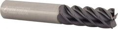 Made in USA - 1/2", 1-1/4" LOC, 1/2" Shank Diam, 3" OAL, 5 Flute, Solid Carbide Square End Mill - Single End, TiAlN Finish, Spiral Flute, 45° Helix, Centercutting, Right Hand Cut, Right Hand Flute - Eagle Tool & Supply