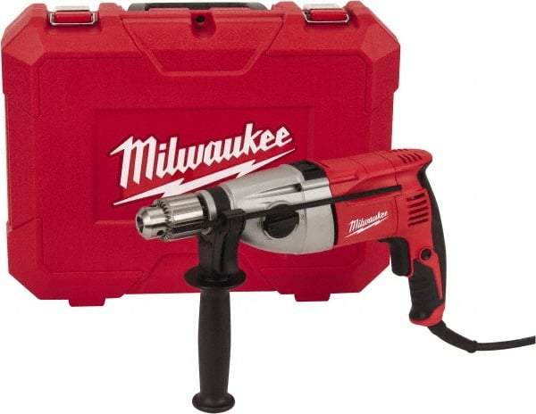 Milwaukee Tool - 120 Volt 1/2" Keyed Chuck Electric Hammer Drill - 0 to 20,000 & 0 to 40,000 BPM, 0 to 1,350 & 0 to 2,500 RPM, Reversible - Eagle Tool & Supply