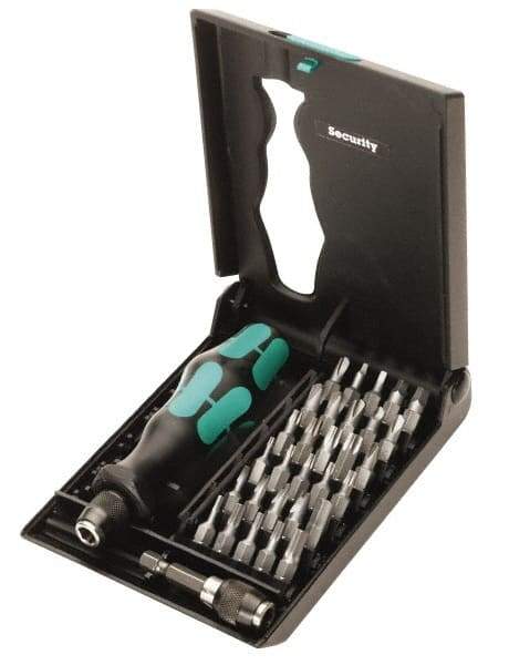 Wera - 32 Piece, 1/4" Drive Screwdriver Tamperproof Bit Set - Tamperproof 2 to 6mm Hex, Tamperproof 7 to 40 Torx, #0, #1, #2 & #3 Square Recess - Eagle Tool & Supply