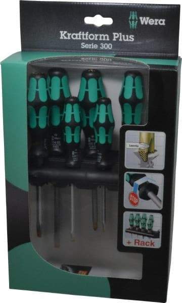 Wera - 6 Piece Pozidriv & Slotted Screwdriver Set - Hex with Bolster Shank, Kraftform Ergonomic Handle, Bit Sizes: Philips #1 & #2, Posidriv Point #1 & #2, Tip Thickness: 9/64, 5/32, 7/32 & 1/4 - Eagle Tool & Supply