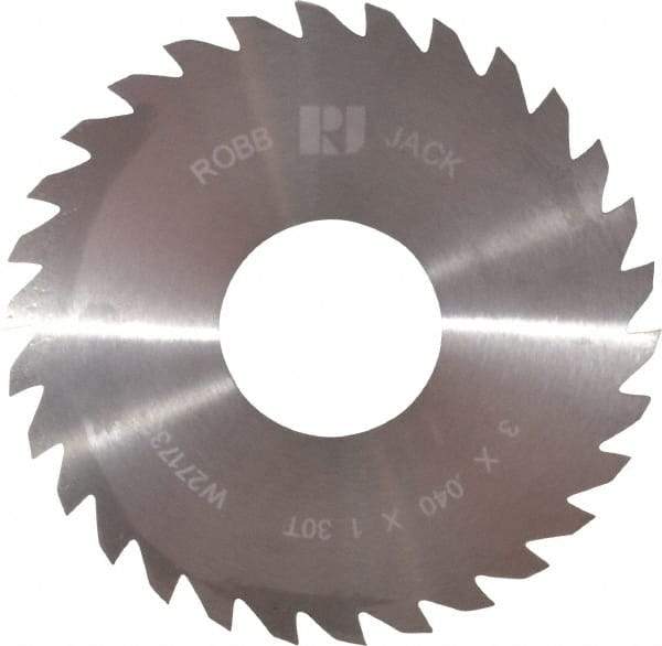 RobbJack - 3" Diam x 0.04" Blade Thickness x 1" Arbor Hole Diam, 30 Tooth Slitting and Slotting Saw - Arbor Connection, Right Hand, Uncoated, Solid Carbide, Concave Ground - Eagle Tool & Supply