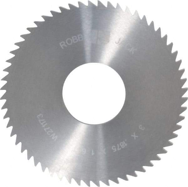 RobbJack - 3" Diam x 3/16" Blade Thickness x 1" Arbor Hole Diam, 60 Tooth Slitting and Slotting Saw - Arbor Connection, Right Hand, Uncoated, Solid Carbide, Concave Ground - Eagle Tool & Supply