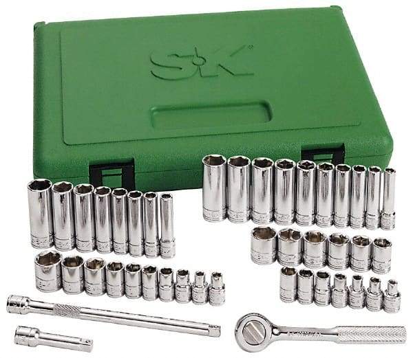 SK - 41 Piece 1/4" Drive Standard Deep Socket Set - 12 Points, 3/16 to 9/16", 5 to 14mm, Inch/Metric Measurement Standard - Eagle Tool & Supply