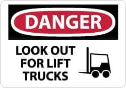 NMC - "Danger - Look Out for Lift Trucks", 10" Long x 14" Wide, Pressure-Sensitive Vinyl Safety Sign - Rectangle, 0.004" Thick, Use for Accident Prevention - Eagle Tool & Supply