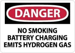 NMC - "Danger - No Smoking - Battery Charging Emits Hydrogen Gas", 10" Long x 14" Wide, Rigid Plastic Safety Sign - Rectangle, 0.05" Thick, Use for Accident Prevention - Eagle Tool & Supply