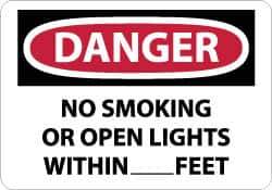 NMC - "Danger - No Smoking or Open Lights Within____feet", 10" Long x 14" Wide, Aluminum Safety Sign - Rectangle, 0.04" Thick, Use for Accident Prevention - Eagle Tool & Supply