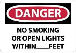 NMC - "Danger - No Smoking or Open Lights Within____feet", 10" Long x 14" Wide, Rigid Plastic Safety Sign - Rectangle, 0.05" Thick, Use for Accident Prevention - Eagle Tool & Supply