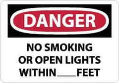 NMC - "Danger - No Smoking or Open Lights Within____feet", 10" Long x 14" Wide, Pressure-Sensitive Vinyl Safety Sign - Rectangle, 0.004" Thick, Use for Accident Prevention - Eagle Tool & Supply