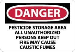 NMC - "Danger - Pesticide Storage Area - All Unauthorized Persons Keep Out - Fire May Cause Caustic Fumes", 10" Long x 14" Wide, Pressure-Sensitive Vinyl Safety Sign - Rectangle, 0.004" Thick, Use for Security & Admittance - Eagle Tool & Supply