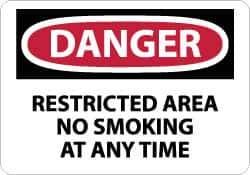 NMC - "Danger - Restricted Area - No Smoking at Any Time", 10" Long x 14" Wide, Pressure-Sensitive Vinyl Safety Sign - Rectangle, 0.004" Thick, Use for Accident Prevention - Eagle Tool & Supply