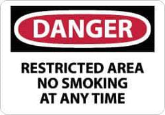 NMC - "Danger - Restricted Area - No Smoking at Any Time", 10" Long x 14" Wide, Rigid Plastic Safety Sign - Rectangle, 0.05" Thick, Use for Accident Prevention - Eagle Tool & Supply