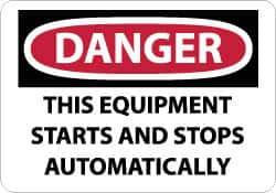NMC - "Danger - This Equipment Starts and Stops Automatically", 10" Long x 14" Wide, Pressure-Sensitive Vinyl Safety Sign - Rectangle, 0.004" Thick, Use for Accident Prevention - Eagle Tool & Supply
