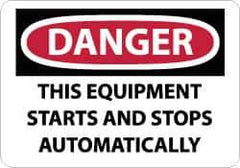 NMC - "Danger - This Equipment Starts and Stops Automatically", 10" Long x 14" Wide, Pressure-Sensitive Vinyl Safety Sign - Rectangle, 0.004" Thick, Use for Accident Prevention - Eagle Tool & Supply