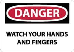 NMC - Accident Prevention Label, Header: DANGER - Legend: Danger - Watch Your Hands and Fingers, English, Red, Black & White, 5" Long x 3" High, Sign Muscle Finish - Eagle Tool & Supply