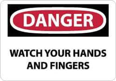 NMC - Accident Prevention Label, Header: DANGER - Legend: Danger - Watch Your Hands and Fingers, English, Red, Black & White, 5" Long x 3" High, Sign Muscle Finish - Eagle Tool & Supply