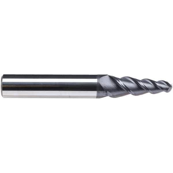 Emuge - 6° Taper Angle per Side, 3.8mm Small End Diam, 19mm LOC, Solid Carbide 3 Flute Tapered Ball End Mill - TiAlN Finish, 62mm OAL, 6mm Shank Diam, Spiral Flute, 45° Helix - Eagle Tool & Supply
