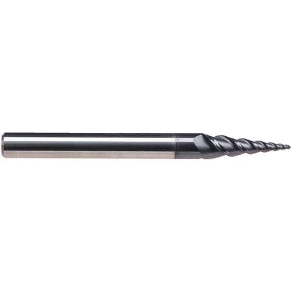 Emuge - 8° Taper Angle per Side, 3.85mm Small End Diam, 15mm LOC, Solid Carbide 3 Flute Tapered Ball End Mill - TiAlN Finish, 62mm OAL, 6mm Shank Diam, Spiral Flute, 45° Helix - Eagle Tool & Supply