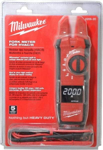 Milwaukee Tool - 2206-20, CAT IV, CAT III, Digital True RMS Clamp Meter with 0.63" Fork Jaws - 1000 VAC/VDC, 200 AC/DC Amps, Measures Voltage, Capacitance, Continuity, Current, Resistance, Temperature - Eagle Tool & Supply