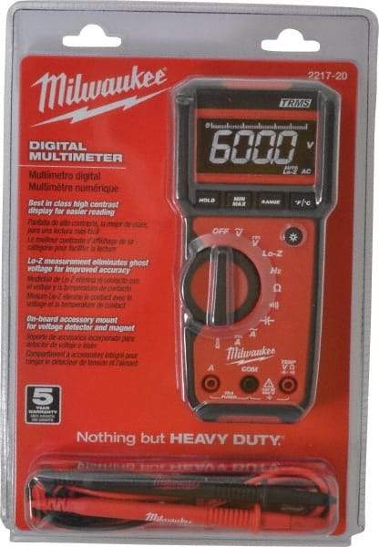 Milwaukee Tool - 2217-20, CAT III, 600 VAC/VDC, Digital True RMS Auto Ranging Multimeter - 40 mOhm, Measures Voltage, Capacitance, Current, Frequency, Resistance, Temperature - Eagle Tool & Supply