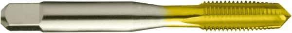 Made in USA - 9/16-12 UNC 3/3B 4 Flute TiN Finish High Speed Steel Straight Flute Standard Hand Tap - Taper, Right Hand Thread, 3-19/32" OAL, 1-21/32" Thread Length, H3 Limit, Oversize - Exact Industrial Supply