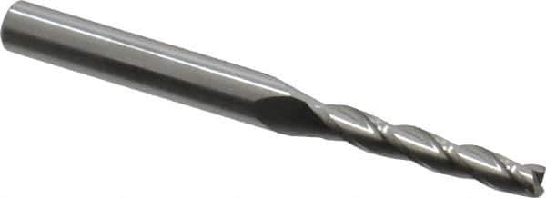 Accupro - 0.5° Taper Angle per Side, 1/8" Small End Diam, 3/4" LOC, Solid Carbide 3 Flute Tapered Square End Mill - 2-1/2" OAL, 1/4" Shank Diam, Spiral Flute - Eagle Tool & Supply