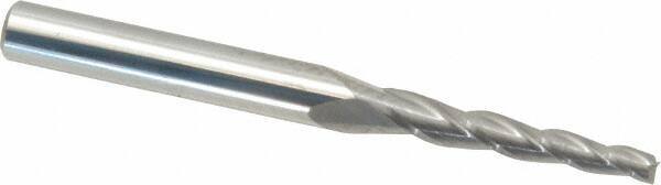 Accupro - 2° Taper Angle per Side, 3/32" Small End Diam, 3/4" LOC, Solid Carbide 3 Flute Tapered Square End Mill - 2-1/2" OAL, 1/4" Shank Diam, Spiral Flute - Eagle Tool & Supply