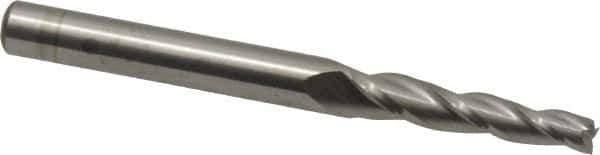 Accupro - 2° Taper Angle per Side, 1/8" Small End Diam, 3/4" LOC, Solid Carbide 3 Flute Tapered Square End Mill - 2-1/2" OAL, 1/4" Shank Diam, Spiral Flute - Eagle Tool & Supply