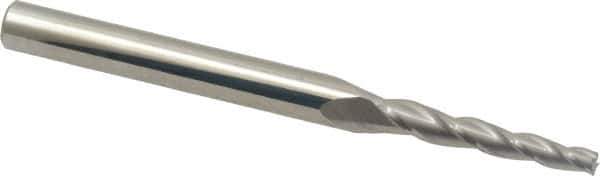 Accupro - 2° Taper Angle per Side, 1/8" Small End Diam, 1" LOC, Solid Carbide 3 Flute Tapered Square End Mill - 3" OAL, 1/4" Shank Diam, Spiral Flute - Eagle Tool & Supply