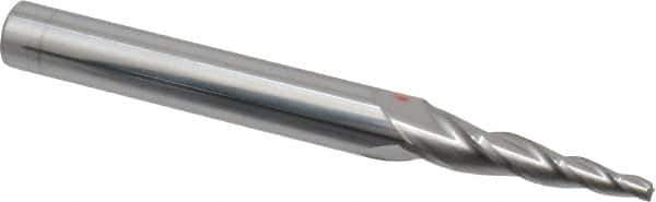 Accupro - 5° Taper Angle per Side, 3/32" Small End Diam, 1" LOC, Solid Carbide 3 Flute Tapered Square End Mill - 3" OAL, 3/8" Shank Diam, Spiral Flute - Eagle Tool & Supply