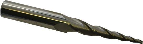 Accupro - 5° Taper Angle per Side, 3/32" Small End Diam, 2" LOC, Solid Carbide 3 Flute Tapered Square End Mill - 4" OAL, 3/8" Shank Diam, Spiral Flute - Eagle Tool & Supply