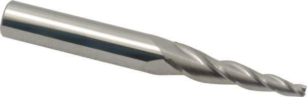 Accupro - 5° Taper Angle per Side, 1/8" Small End Diam, 1-1/4" LOC, Solid Carbide 3 Flute Tapered Square End Mill - 3-1/2" OAL, 3/8" Shank Diam, Spiral Flute - Eagle Tool & Supply