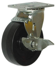 Value Collection - 5" Diam x 2" Wide x 6-1/2" OAH Top Plate Mount Swivel Caster with Brake - Phenolic, 1,000 Lb Capacity, Roller Bearing, 4 x 4-1/2" Plate - Eagle Tool & Supply