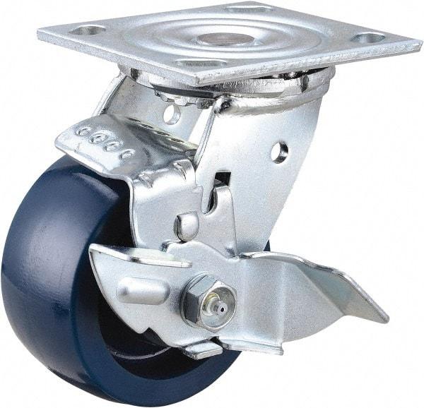 Value Collection - 4" Diam x 2" Wide x 5-5/8" OAH Top Plate Mount Swivel Caster with Brake - Polyurethane, 600 Lb Capacity, Roller Bearing, 4 x 4-1/2" Plate - Eagle Tool & Supply