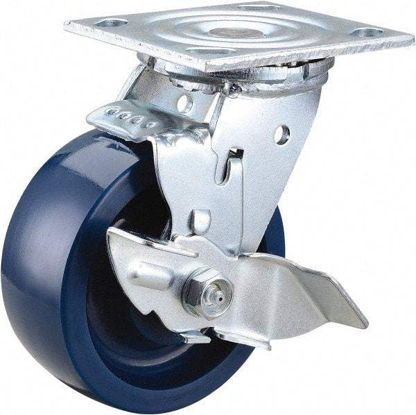 Value Collection - 5" Diam x 2" Wide x 6-1/2" OAH Top Plate Mount Swivel Caster with Brake - Polyurethane, 650 Lb Capacity, Roller Bearing, 4 x 4-1/2" Plate - Eagle Tool & Supply