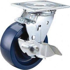 Value Collection - 5" Diam x 2" Wide x 6-1/2" OAH Top Plate Mount Swivel Caster with Brake - Polyurethane, 650 Lb Capacity, Roller Bearing, 4 x 4-1/2" Plate - Eagle Tool & Supply