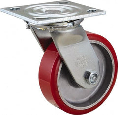 Value Collection - 5" Diam x 1-1/2" Wide x 6-1/2" OAH Top Plate Mount Swivel Caster - Polyurethane, 720 Lb Capacity, Roller Bearing, 4 x 4-1/2" Plate - Eagle Tool & Supply