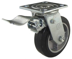 Value Collection - 5" Diam x 2" Wide x 6-1/2" OAH Top Plate Mount Swivel Caster with Brake - Soft Rubber, 450 Lb Capacity, Roller Bearing, 4 x 4-1/2" Plate - Eagle Tool & Supply
