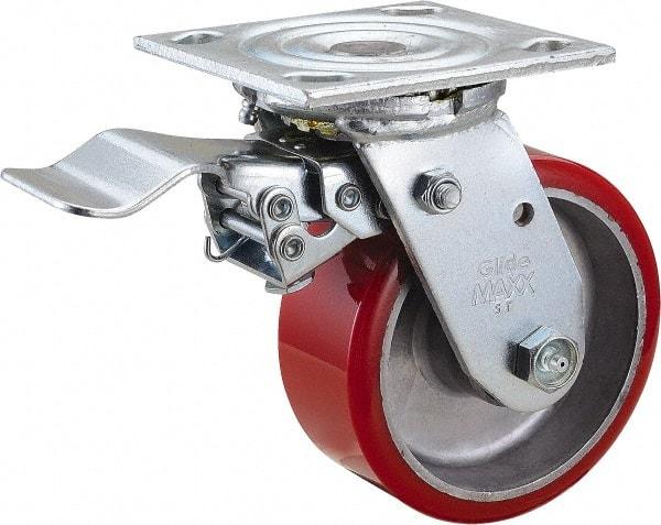 Value Collection - 5" Diam x 2" Wide x 6-1/2" OAH Top Plate Mount Swivel Caster with Brake - Polyurethane, 1,250 Lb Capacity, Roller Bearing, 4 x 4-1/2" Plate - Eagle Tool & Supply