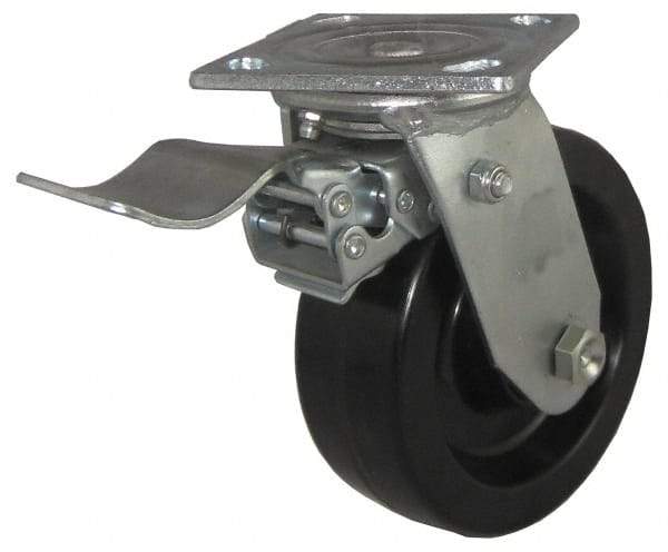 Value Collection - 5" Diam x 2" Wide x 6-1/2" OAH Top Plate Mount Swivel Caster with Brake - Phenolic, 1,100 Lb Capacity, Roller Bearing, 4 x 4-1/2" Plate - Eagle Tool & Supply