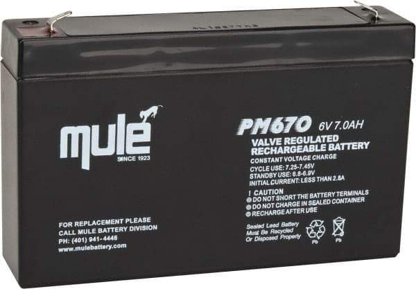 Mule - Lead-Acid, Quick-Disconnect Tab Terminal, 6 Volt, 7 Amp, Lead Rechargeable Battery - 3/16" Tab Width x 0.032" Tab Thickness, 1.34" Wide x 3.7" High x 5.95" Deep - Eagle Tool & Supply