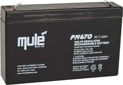 Mule - Lead-Acid, Quick-Disconnect Tab Terminal, 6 Volt, 7 Amp, Lead Rechargeable Battery - 3/16" Tab Width x 0.032" Tab Thickness, 1.34" Wide x 3.7" High x 5.95" Deep - Eagle Tool & Supply