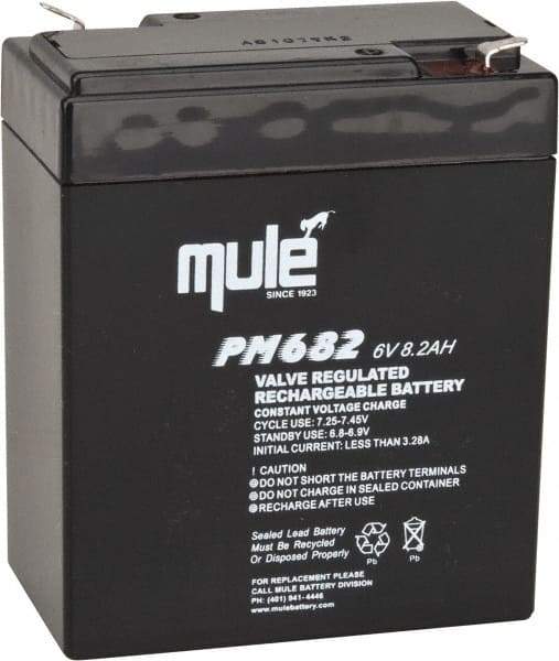 Mule - Lead-Acid, Quick-Disconnect Tab Terminal, 6 Volt, 8 Amp, Lead Rechargeable Battery - 6.35mm Tab Width x 0.8mm Tab Thickness, 2.2" Wide x 4.61" High x 3.86" Deep - Eagle Tool & Supply