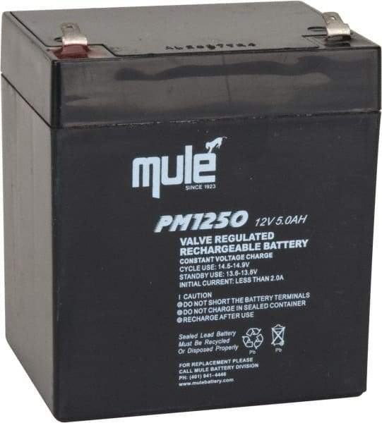 Mule - Lead-Acid, Quick-Disconnect Tab Terminal, 12 Volt, 5 Amp, Lead Rechargeable Battery - 4.8mm Tab Width x 0.8mm Tab Thickness, 2.76" Wide x 4.21" High x 3.54" Deep - Eagle Tool & Supply